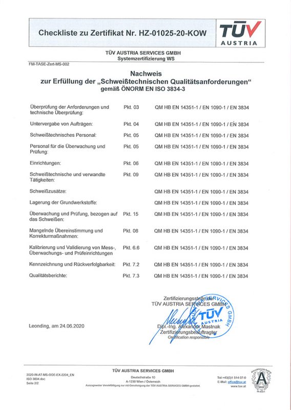 Checklist Zertifikat ÖNORM EN ISO 3834-3 - Schweißtechnische Qualitätsanforderungen