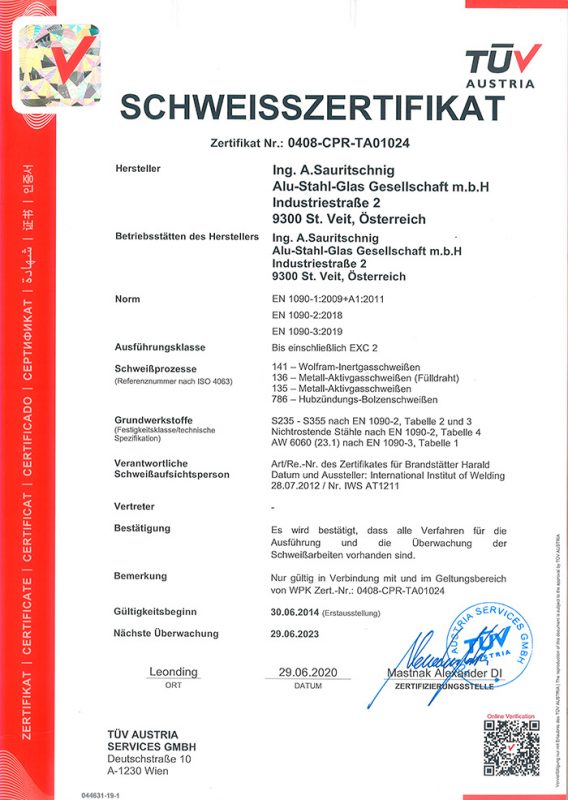 Schweißzertifikat EN1090 1-3 Ausf. EXC 2