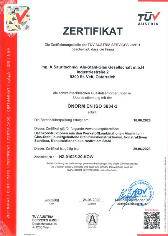 Zertifikat ÖNORM EN ISO 3834-3 - Schweißtechnische Qualitätsanforderungen